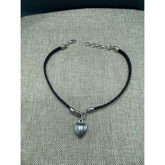 Brighton Silver Tone and Black Leather Braided Heart Charm Necklace 17” - Picture 4 of 7
